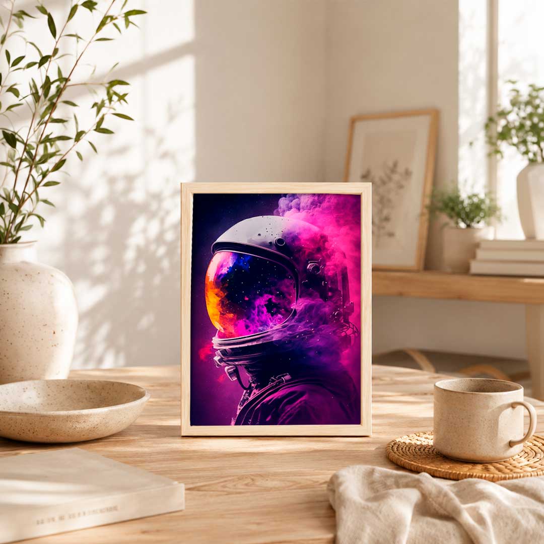 Retrato de astronauta envuelto en una niebla vibrante de tonos púrpuras y rosas, estilo futurista. Perfecto para dar un toque moderno a cualquier.
