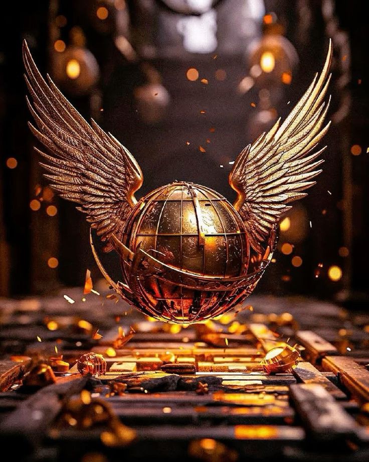 Ilustración de una snitch dorada con alas en estilo fantástico, tonos cálidos y brillantes. Ideal para decorar tu hogar, oficina o negocio.