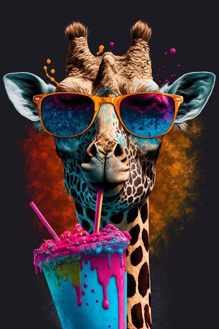Ilustración de una jirafa con gafas de sol coloridas y bebiendo un batido vibrante. Perfecta para añadir un toque pop a tus espacios.