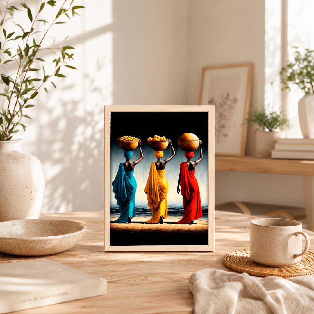 Tres figuras femeninas con vestimenta vibrante en tonos azul, amarillo y rojo, portando cestas sobre sus cabezas; un toque exótico ideal.