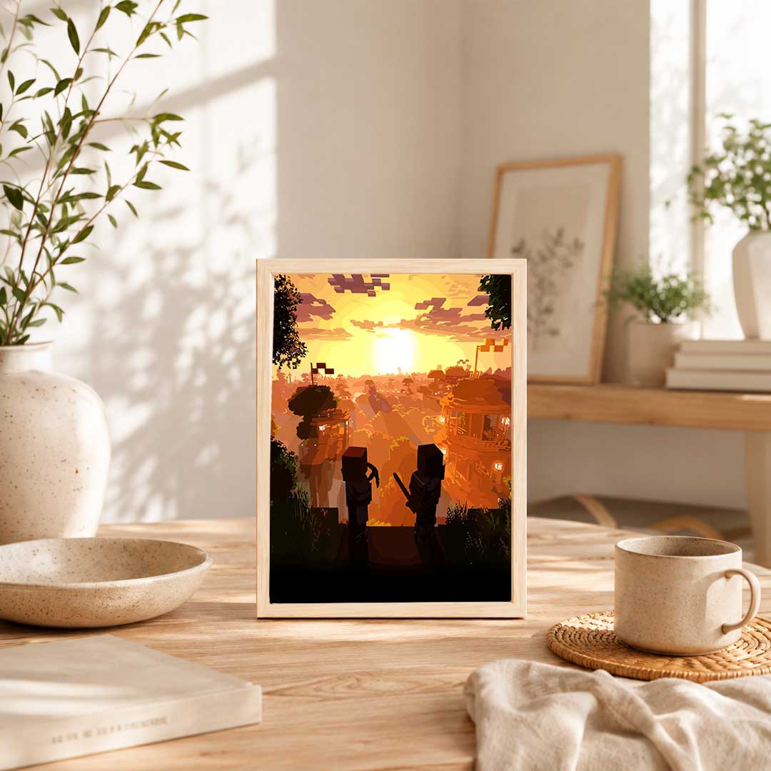 Ilustración de un paisaje pixelado al atardecer, evocando una aldea en tonos cálidos anaranjados y amarillos. Ideal para decorar cualquier espacio.