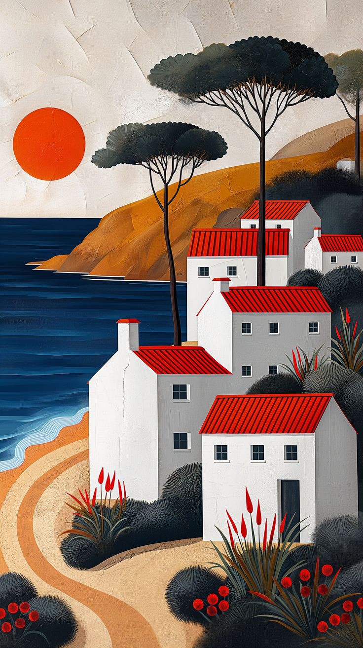 Paisaje costero con casas blancas y techos rojos, árboles oscuros y un sol naranja intenso. Perfecto para decorar tu hogar o espacio de trabajo.