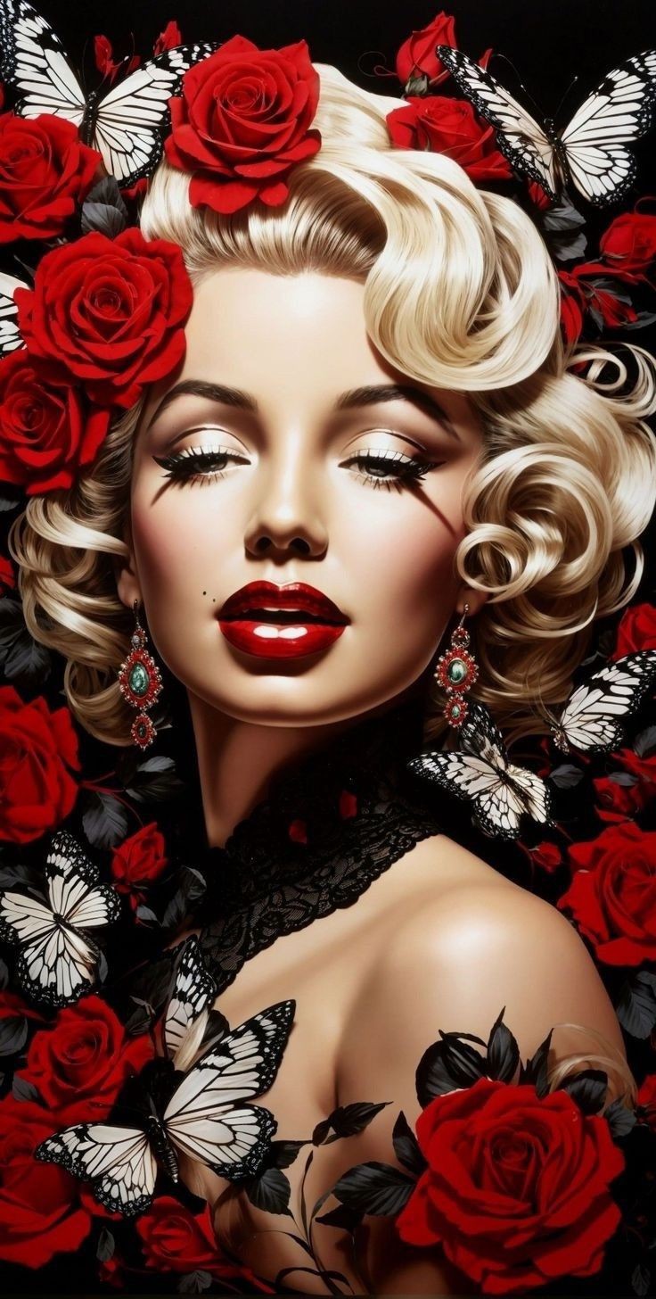 Retrato elegante en estilo vintage, con rosas rojas y mariposas blancas. Ideal para agregar un toque sofisticado a cualquier espacio.