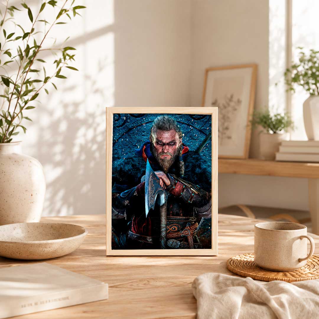 Obra decorativa con un guerrero vikingo en tonos oscuros y azules, estilo detallado y dramático. Perfecta para darle un toque épico a tu espacio.