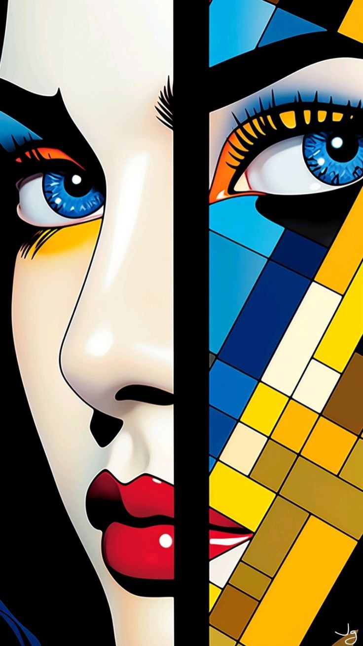 Arte pop de mujer en tonos vibrantes con bloques geométricos en azul y amarillo. Ideal para dar vida a tu hogar u oficina.