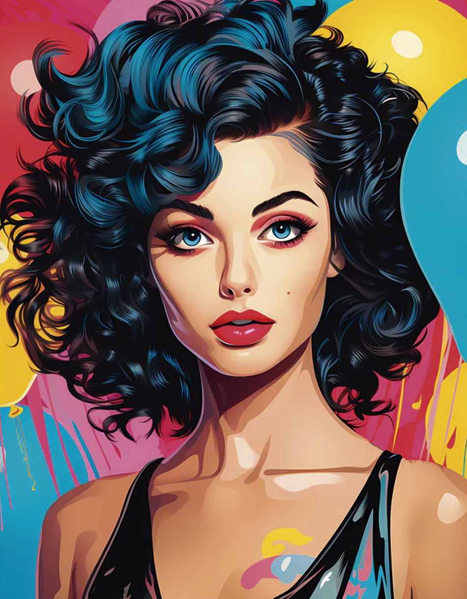 Ilustración pop art de chica con cabello rizado, colores vibrantes y estilo retro. Ideal para decorar espacios modernos y llenos de energía.