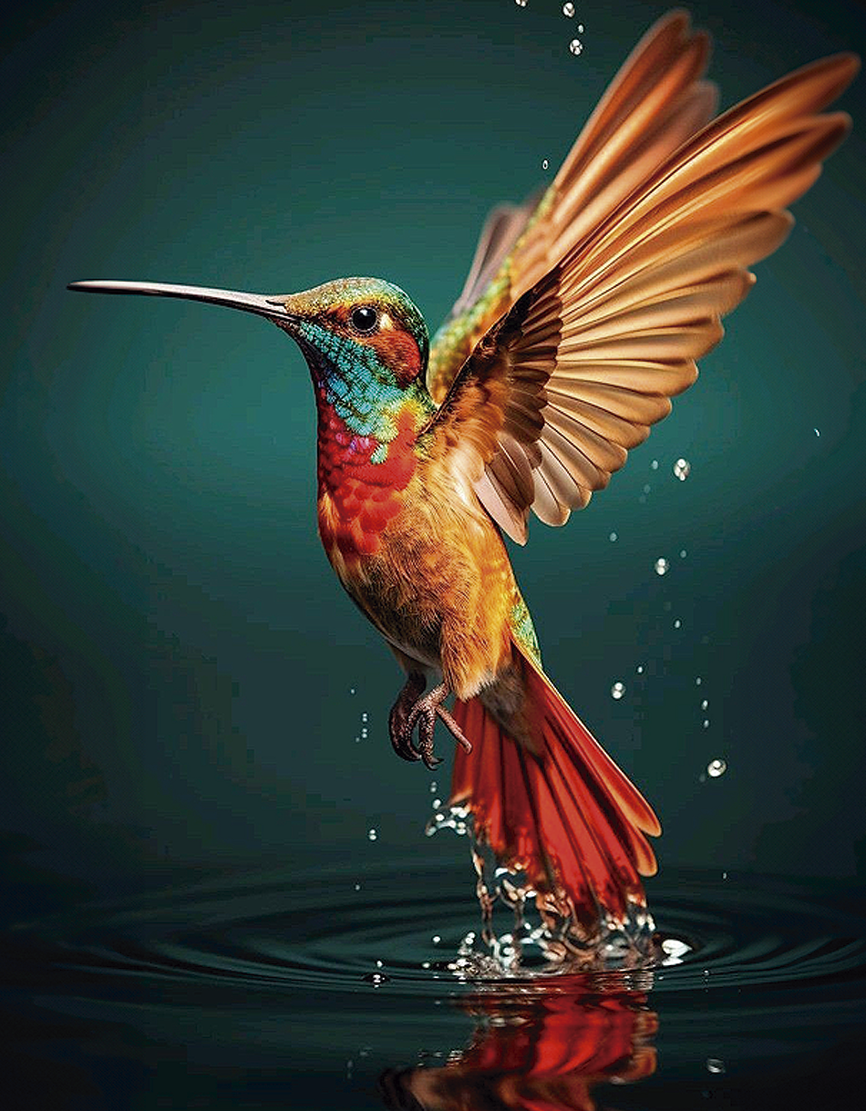Imagen de un colibrí de vibrantes colores verdes, rojos y naranjas, ascendiendo sobre el agua con elegancia. Ideal para realzar cualquier espacio.