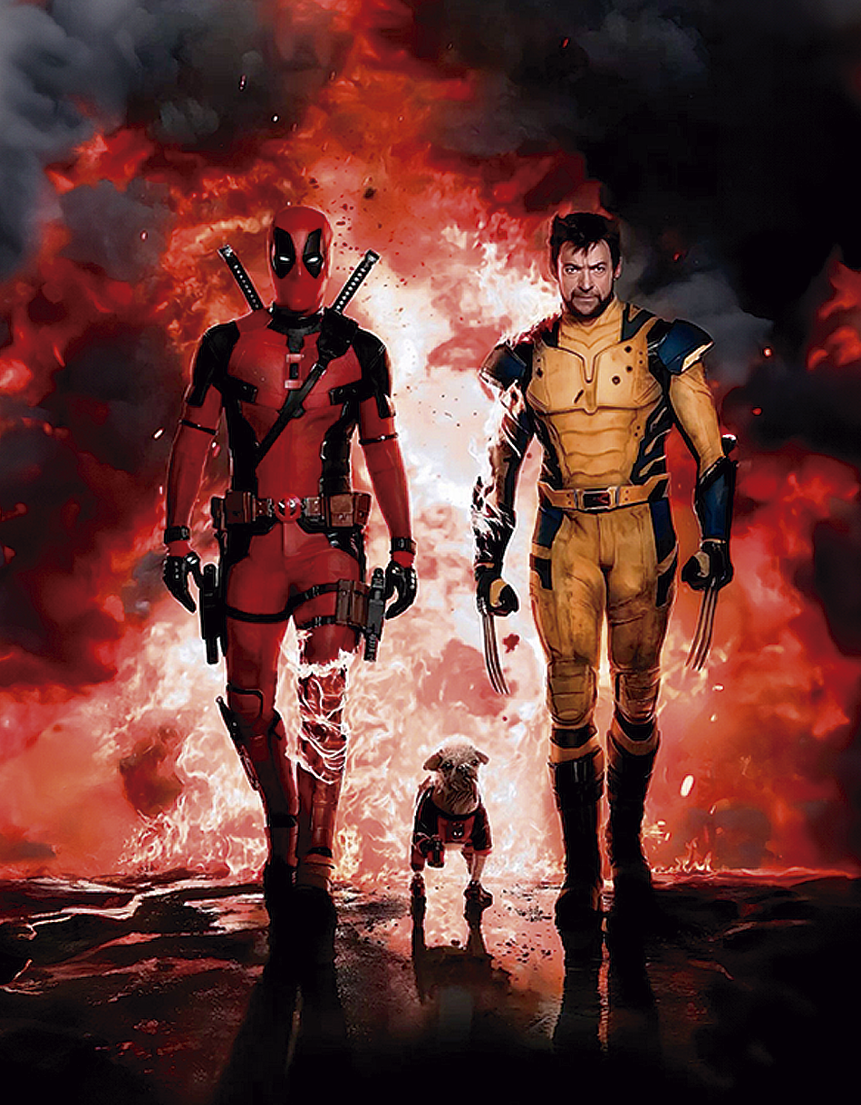 Ilustración de Deadpool y Wolverine en tonos intensos de rojo y amarillo, con un fondo de fuego y humo. Perfecta para decorar tu espacio personal.
