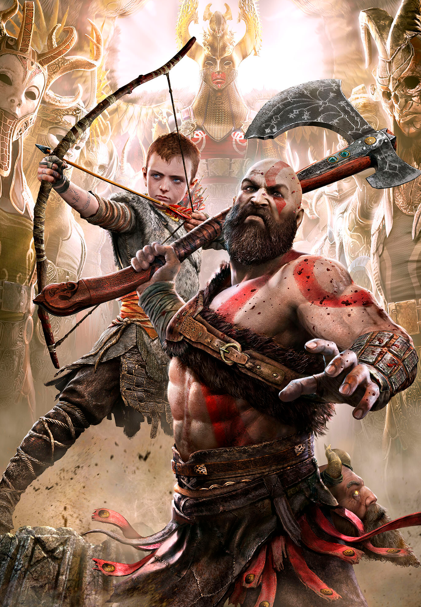 Ilustración épica y detallada inspirada en God Of War, con tonos tierra y rojos intensos. Perfecta para dar un toque heroico a cualquier espacio.