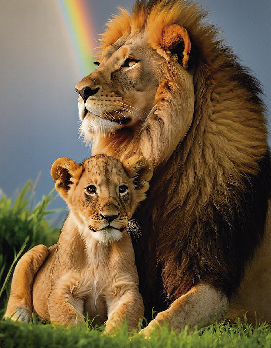 Imagen de un león majestuoso junto a su cría en tonos cálidos, con un arcoíris de fondo. Perfecto para decorar tu hogar u oficina con un toque.
