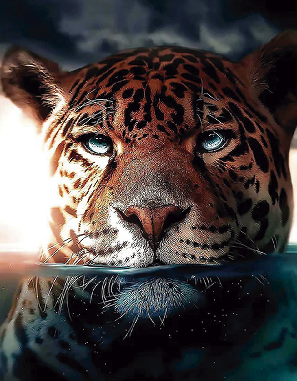 Leopardo emergiendo del agua, con realismo en tonos marrones y negros. Ideal para dar vida a tu hogar, oficina o negocio con esta obra impactante.