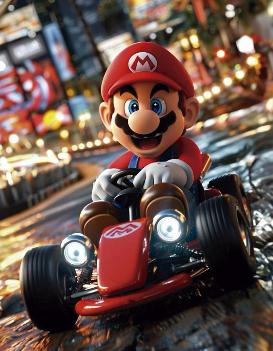 Imagen vibrante y colorida de un personaje conduciendo un kart en una pista iluminada, estilo animado dinámico en tonos rojos y amarillos. Perfecta.