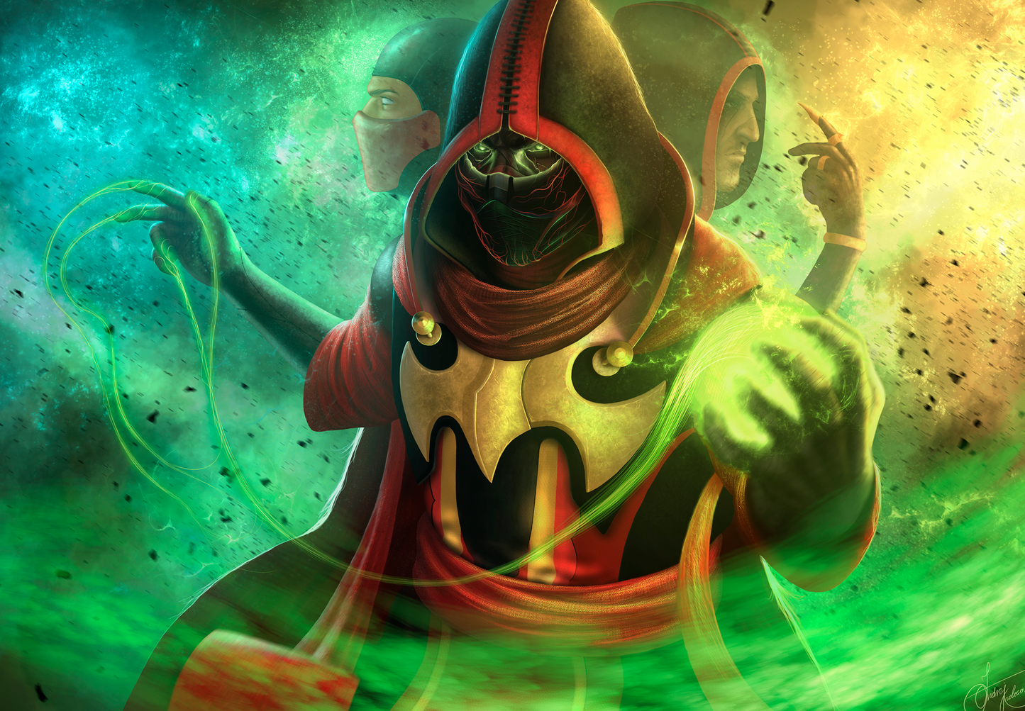 Ilustración colorida de personajes en estilo fantástico, con tonos verdes, rojos y dorados vibrantes, ideal para enriquecer espacios creativos.