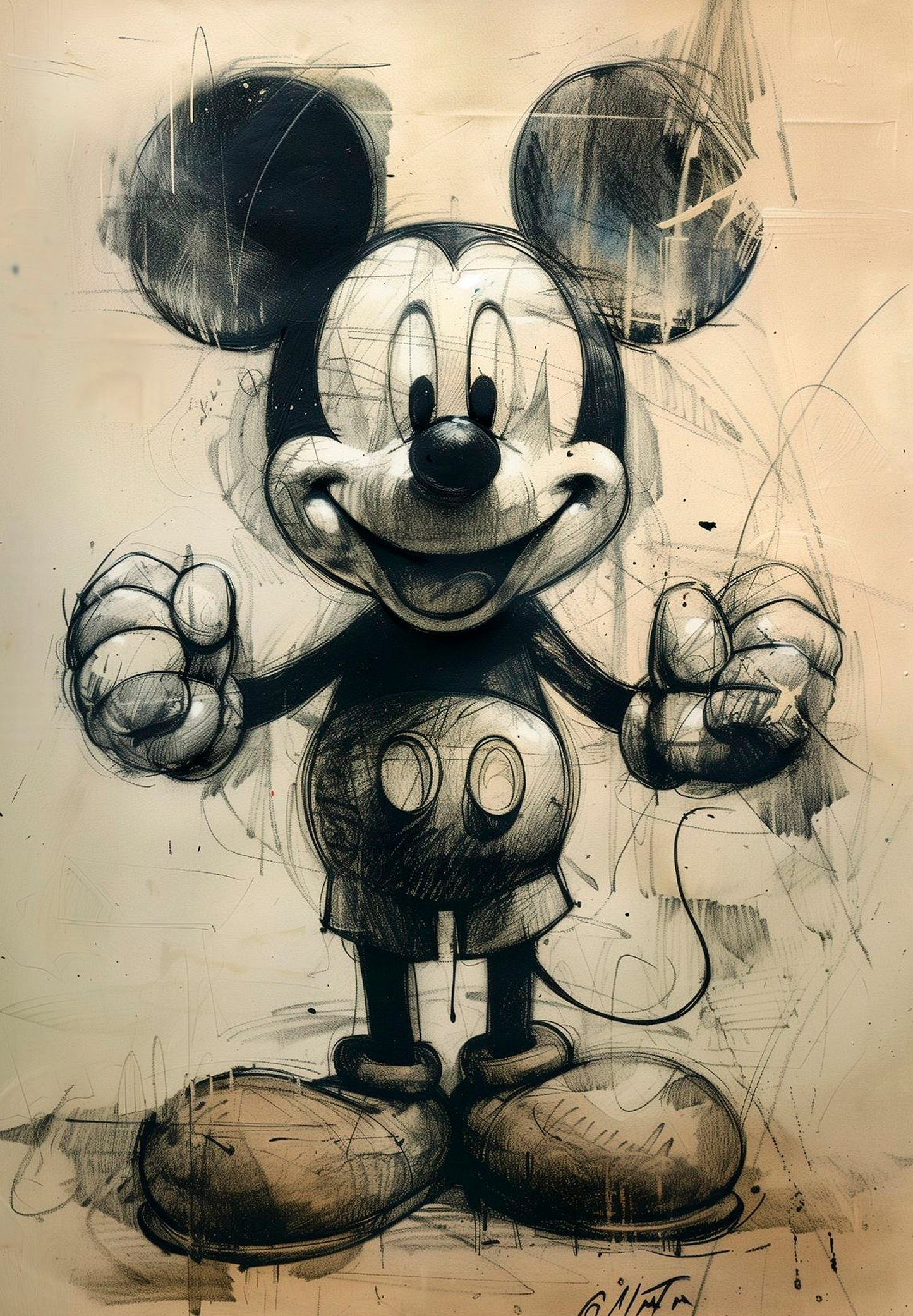 Ilustración en estilo boceto de un personaje clásico en tonos monocromáticos, combinando líneas fluidas y texturas sombreadas. Perfecta para decorar.