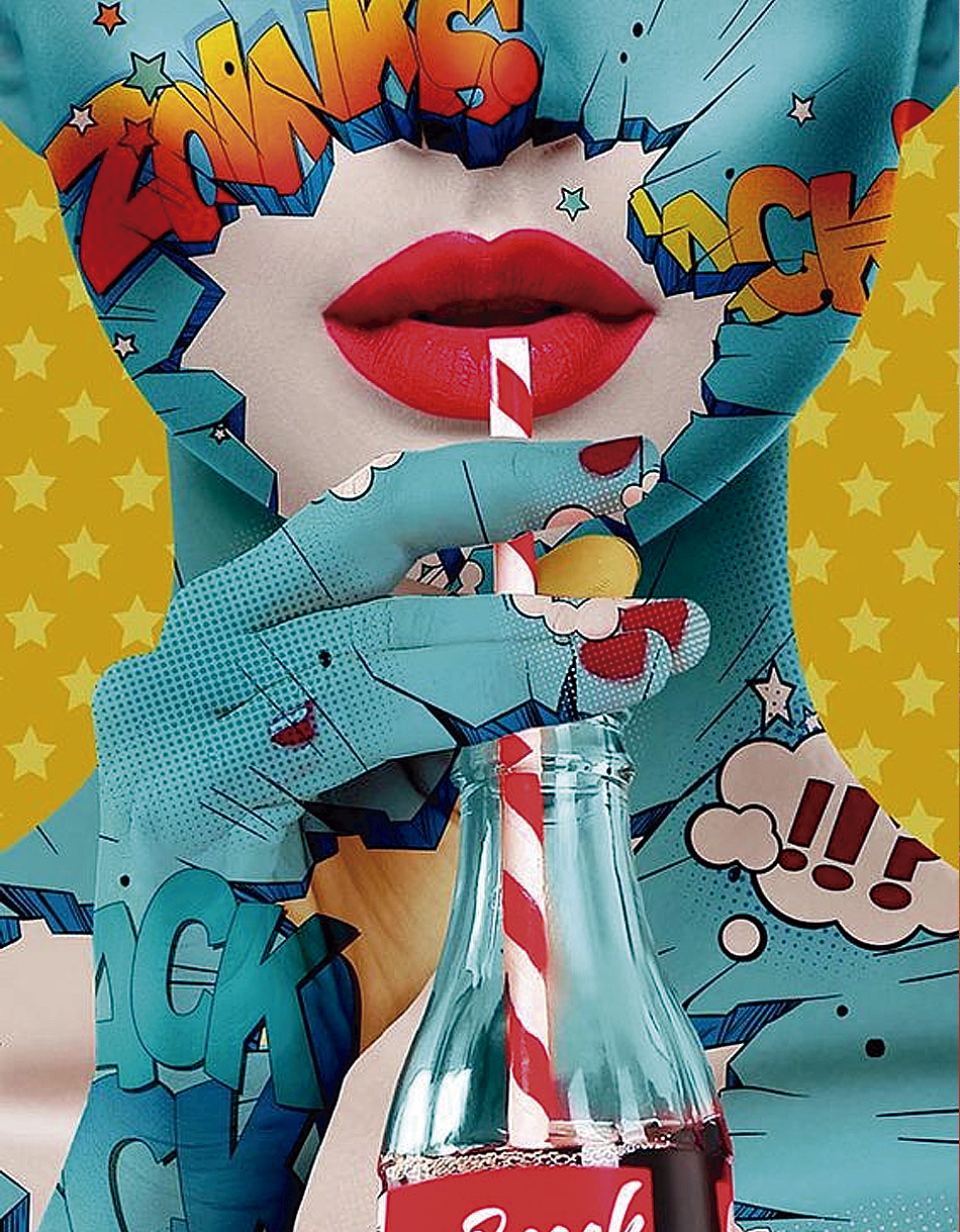 Arte pop vibrante con motivos de cómic en tonos azul, rojo y amarillo. Ideal para dar un toque moderno y colorido a tu hogar u oficina.