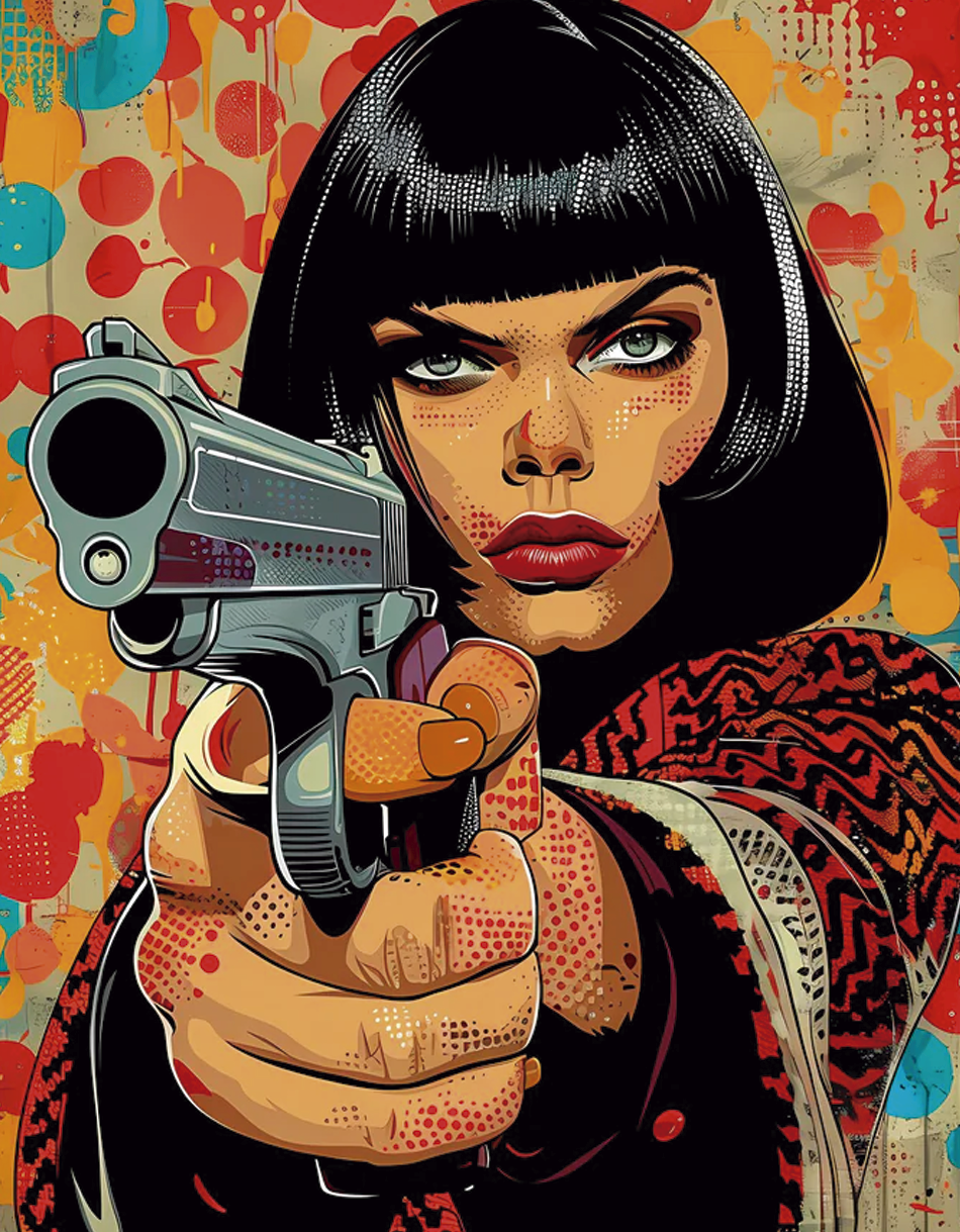 Arte decorativo de una mujer sosteniendo una pistola, en estilo pop art con colores vibrantes y contrastantes. Perfecto para dar carácter a tus.