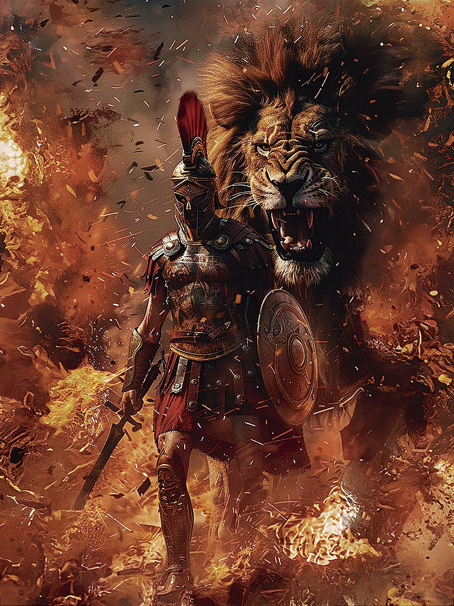 Imagen artística de un gladiador en armadura junto a un león, en tonos cálidos y expresivos. Perfecta para embellecer tu hogar u oficina.