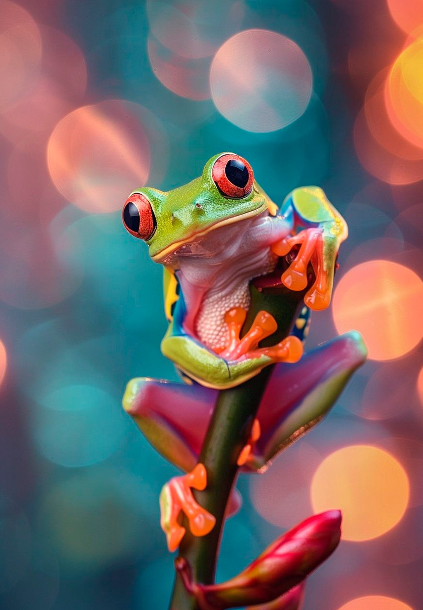 Ilustración de una rana colorida con tonos vibrantes y llamativos. Ideal para dar vida a tu hogar, oficina o cualquier espacio en tu negocio.