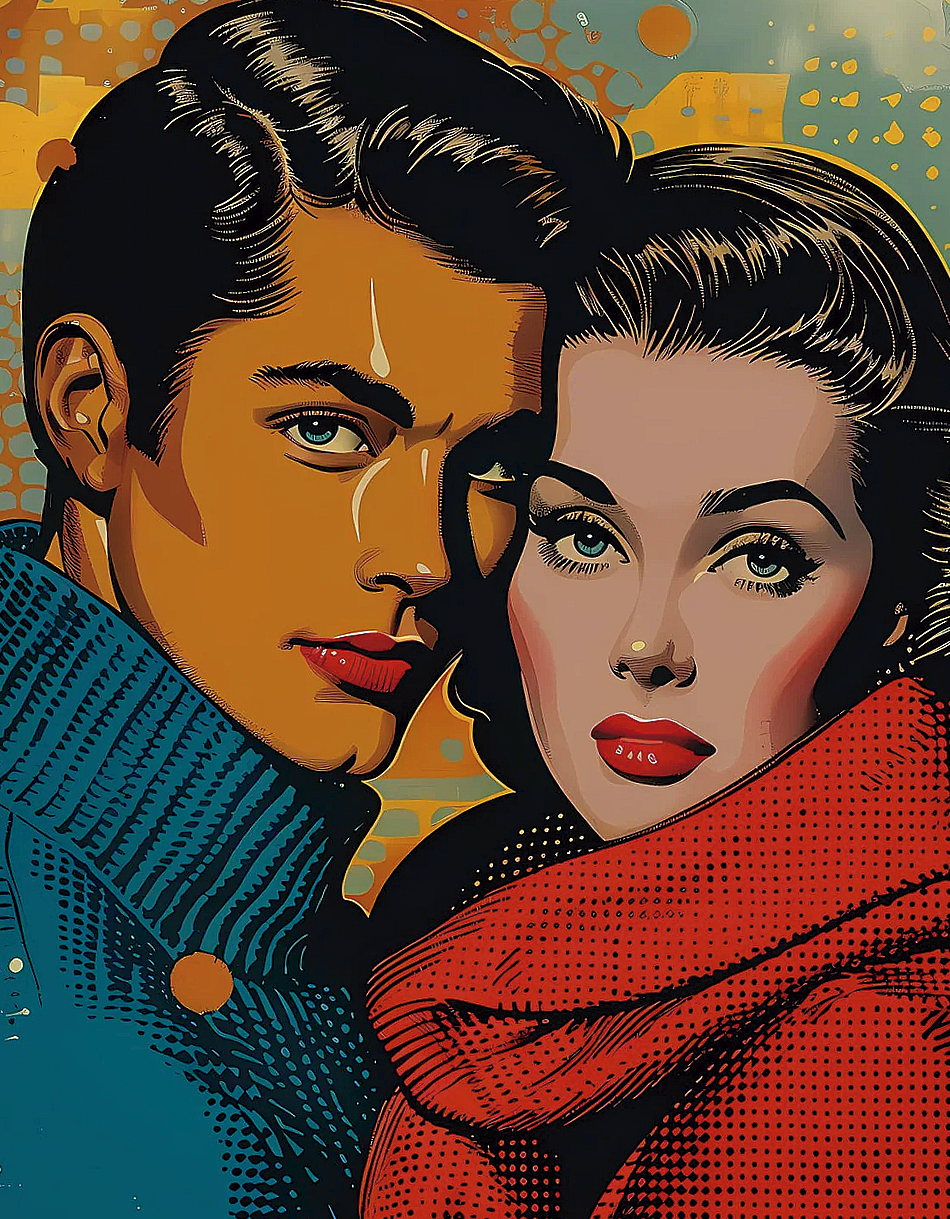 Ilustración de estilo pop art con una pareja, en tonos vibrantes azul, rojo y naranja. Ideal para decorar tu hogar, oficina o negocio.
