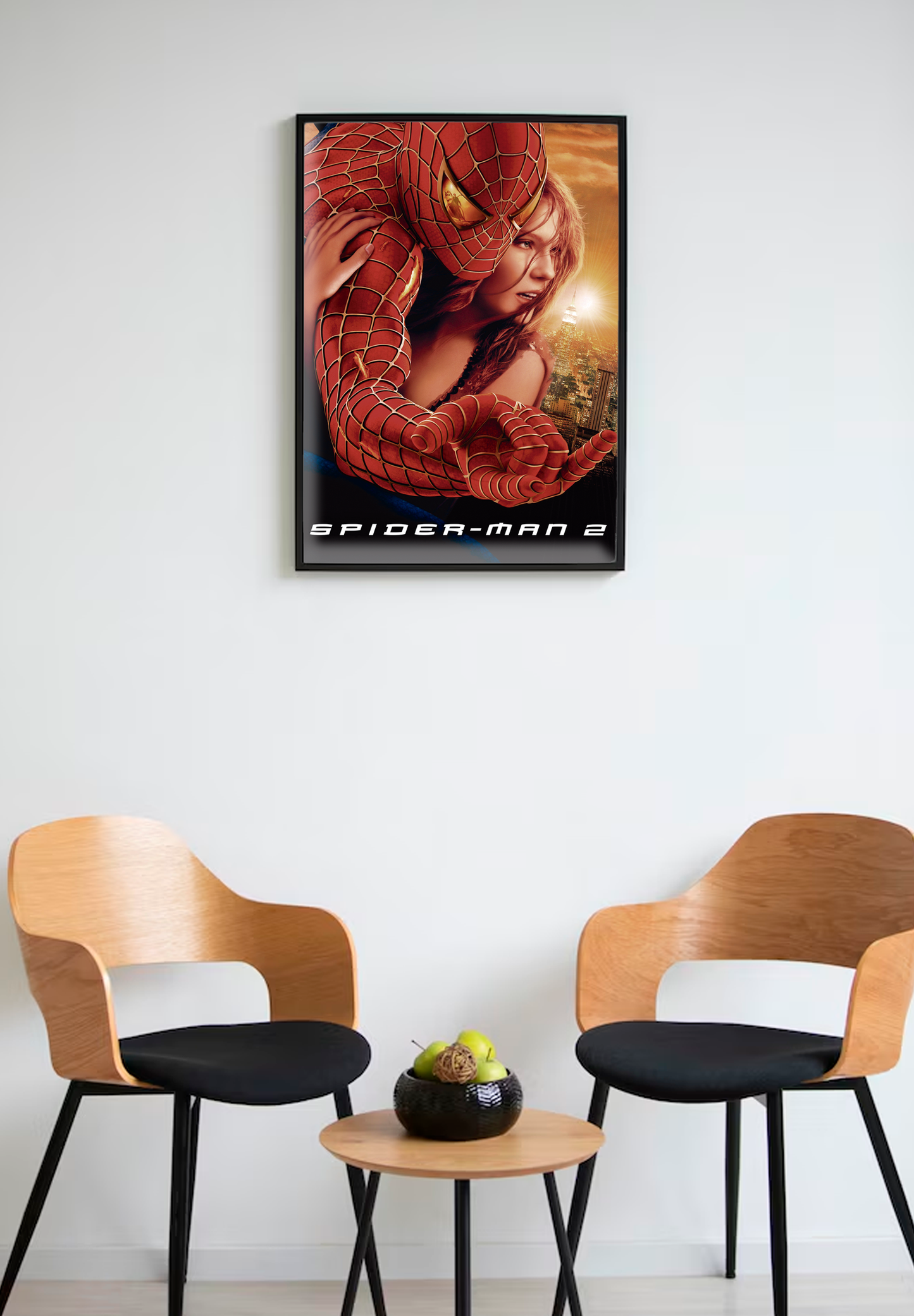 Ilustración vibrante de Spiderman abrazando a una mujer, en tonos rojos y dorados. Ideal para dar vida a tu hogar u oficina.