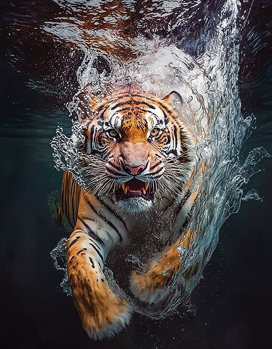 Tigre nadando, capturado en un estilo realista y dinámico, con tonos vibrantes de naranja y blanco, ideal para realzar cualquier espacio.