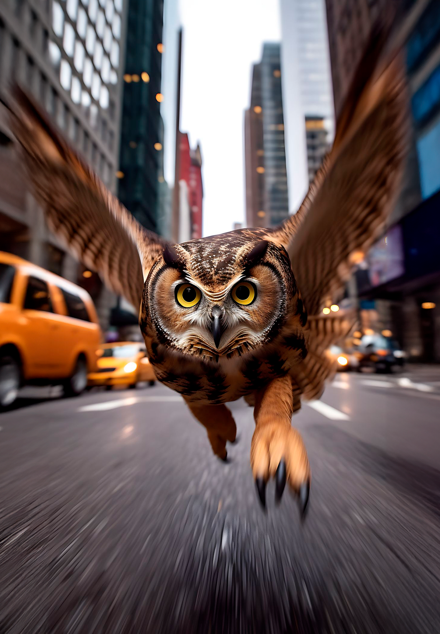 Imagen de un búho en vuelo con expresión intensa, fusionando tonos marrones y anaranjados en un estilo urbano y dinámico. Perfecto para dar vida.