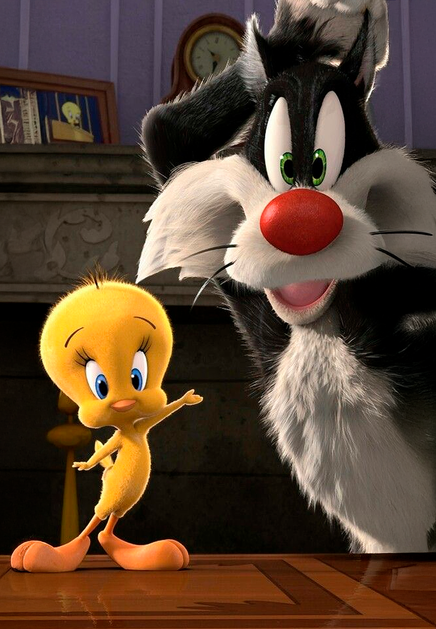Ilustración vibrante de un canario amarillo y un gato negro y blanco, con detalles expresivos y contrastes marcados. Ideal para decorar cualquier.