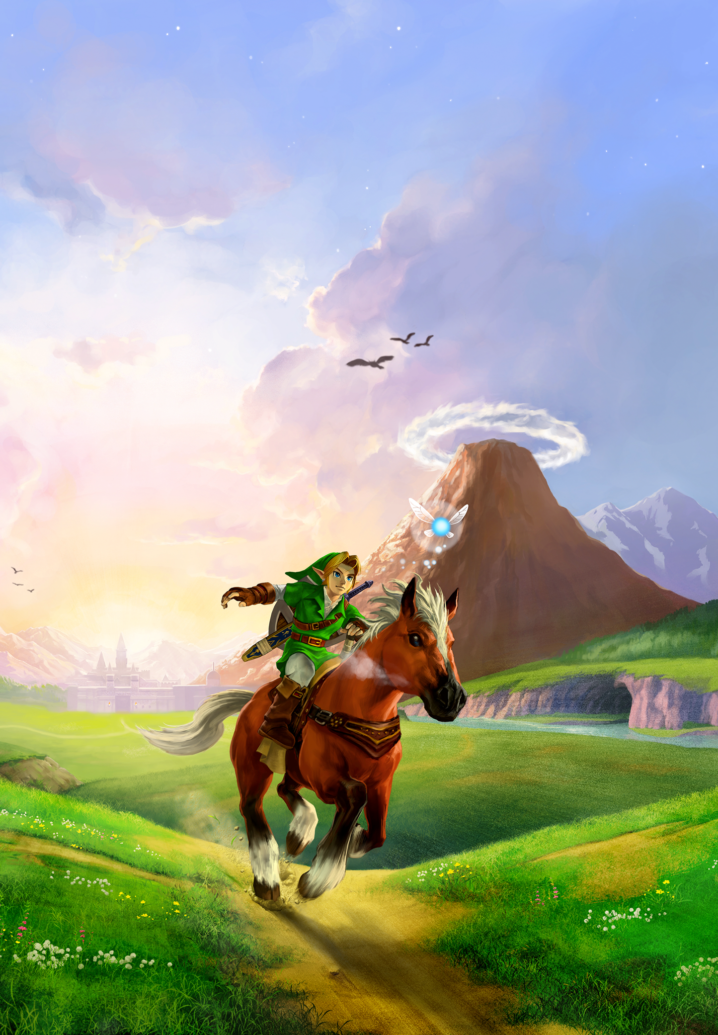 Ilustración vibrante de un héroe cabalgando por un paisaje fantástico, con montañas y cielo colorido. Ideal para decorar tu hogar u oficina.