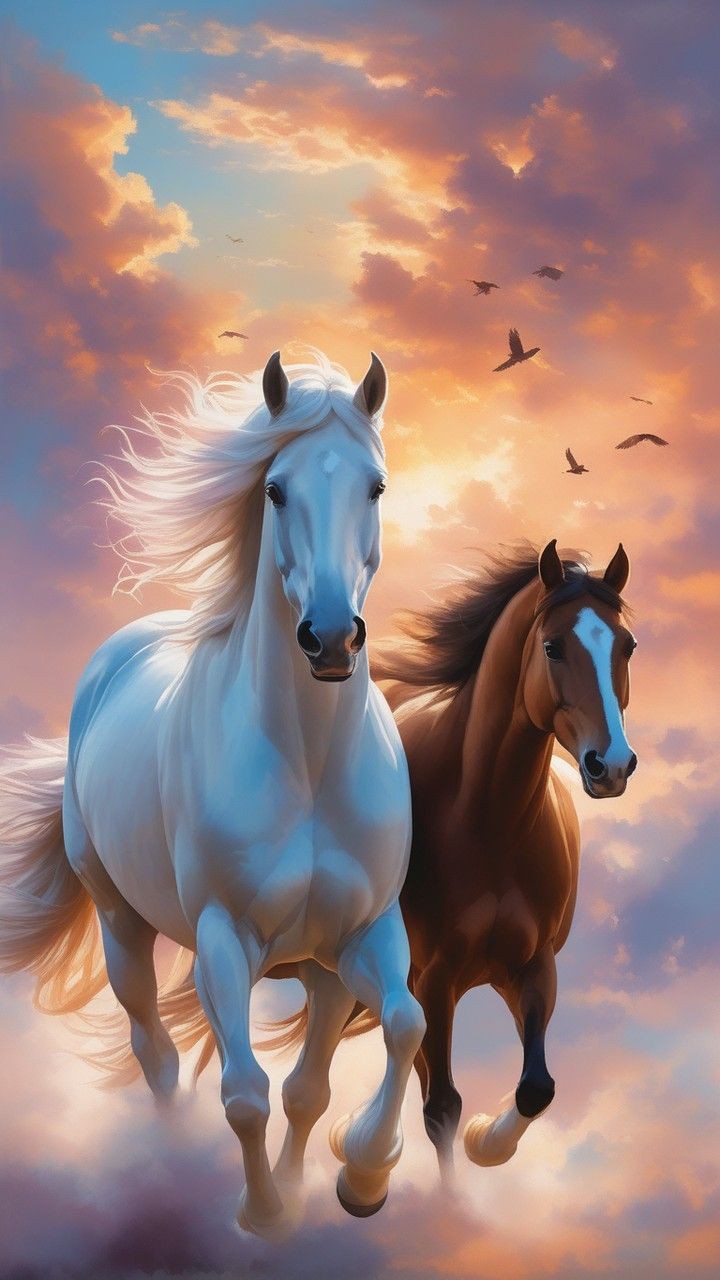 Dos majestuosos caballos galopan bajo un cielo al atardecer en tonos cálidos. Perfecto para agregar tranquilidad a tu hogar, oficina o negocio.