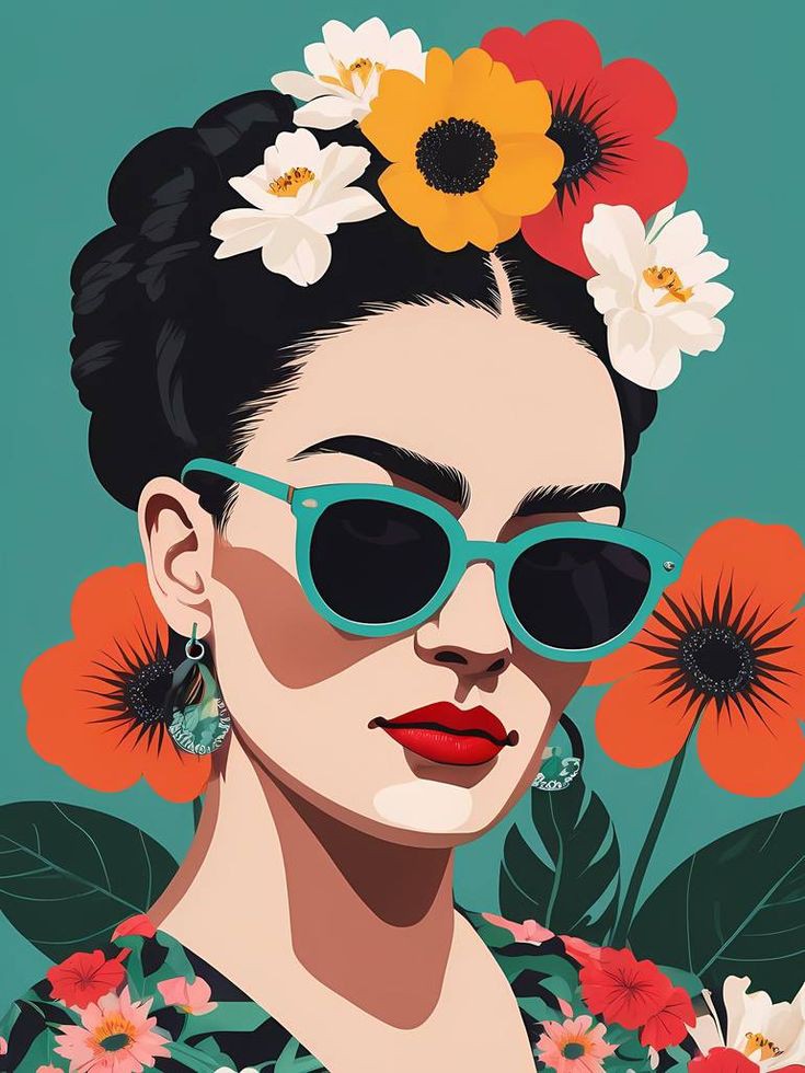 Ilustración pop de Frida Kahlo con colores vibrantes: verde, rojo y amarillo, complementada con gafas modernas. Ideal para decorar hogares u oficinas.