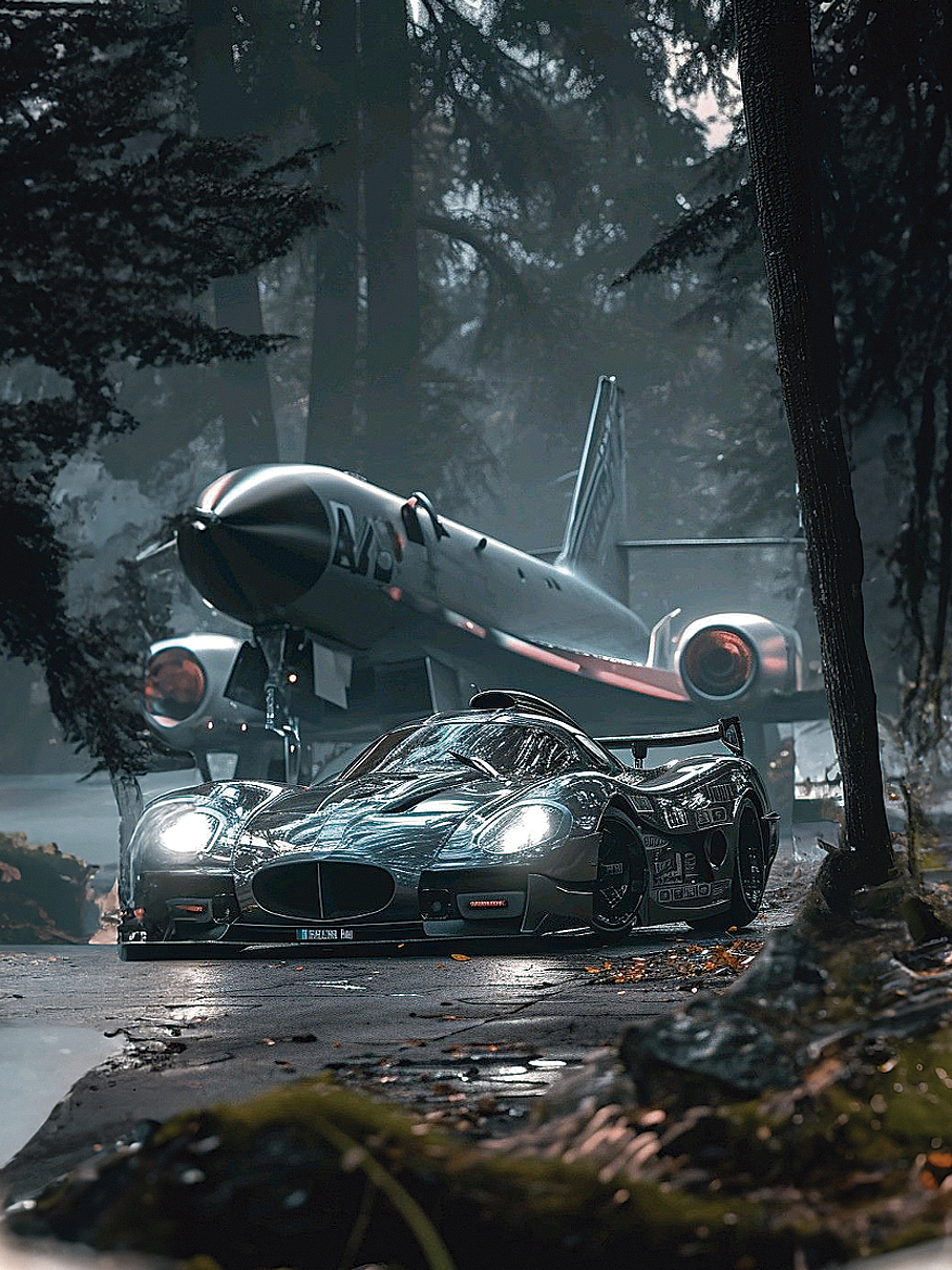 Imagen de un elegante auto de carreras y un imponente avión en un entorno boscoso, con tonos oscuros y metálicos. Ideal para decorar espacios.