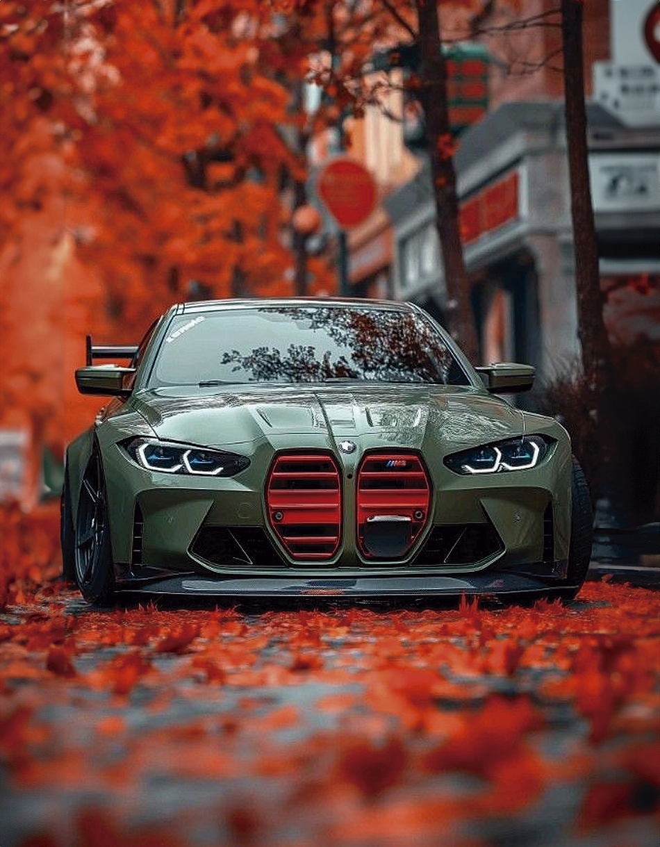 Imagen artística de un auto verde en un entorno otoñal con hojas naranjas. Perfecta para añadir un toque moderno y dinámico a tus espacios.