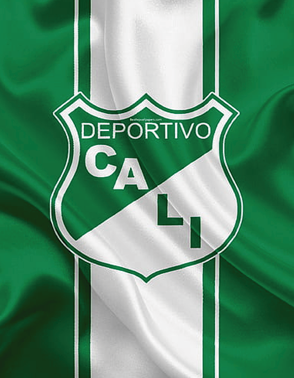 Diseño decorativo con el escudo de Deportivo Cali en verde y blanco sobre un fondo de textura sedosa. Ideal para resaltar ambientes deportivos.