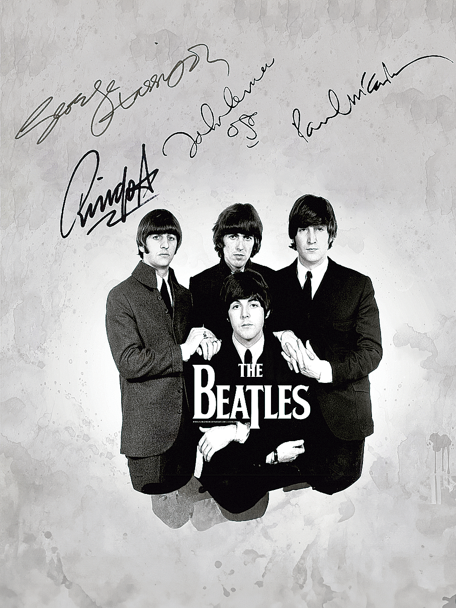 Retrato en blanco y negro de una banda icónica con firmas estilizadas en negro. Ideal para decorar hogares, oficinas o espacios creativos.