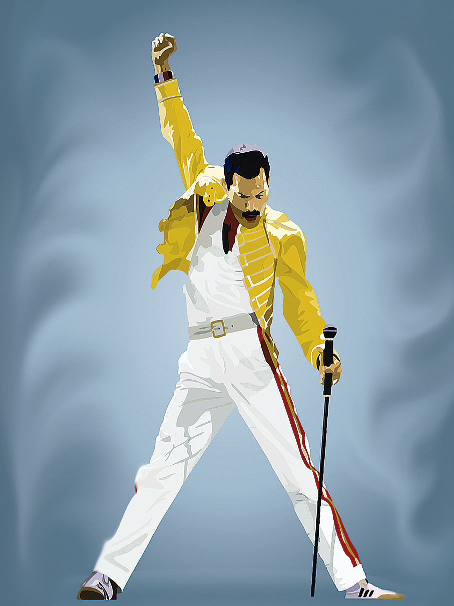 Ilustración estilizada de figura en pose icónica, en tonos vivos de amarillo, blanco y rojo. Ideal para realzar la decoración de tu hogar u oficina.