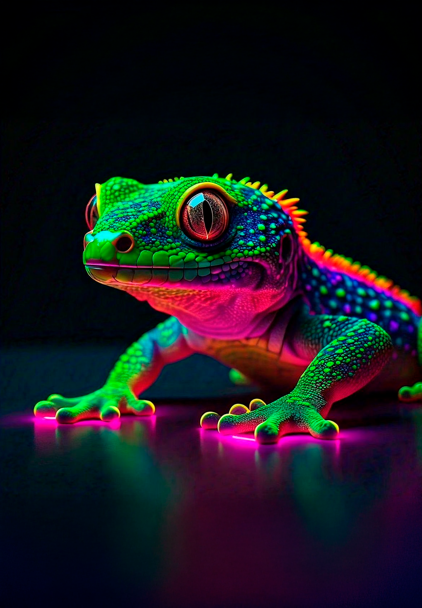 Ilustración de un lagarto en vibrantes tonos neón verdes, azules y rosas, estilo moderno y llamativo. Perfecto para dar vida a cualquier espacio.