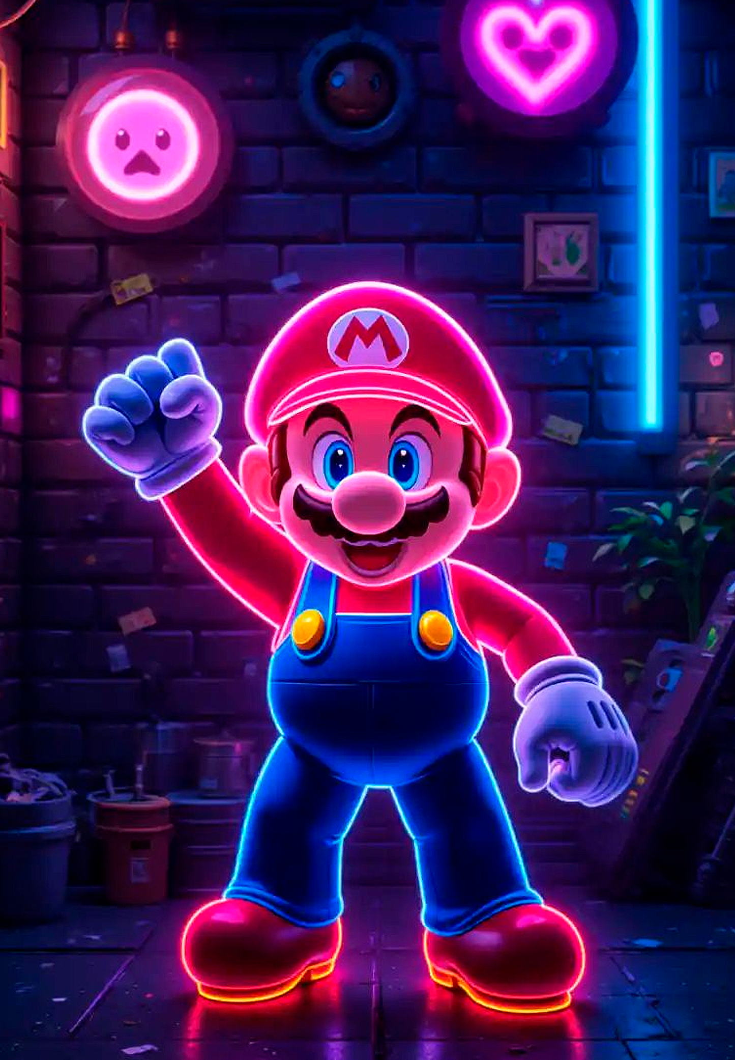 Ilustración de Mario en estilo neón, con vibrantes tonos de azul, rosa y rojo. Perfecta para añadir un toque moderno a cualquier espacio.