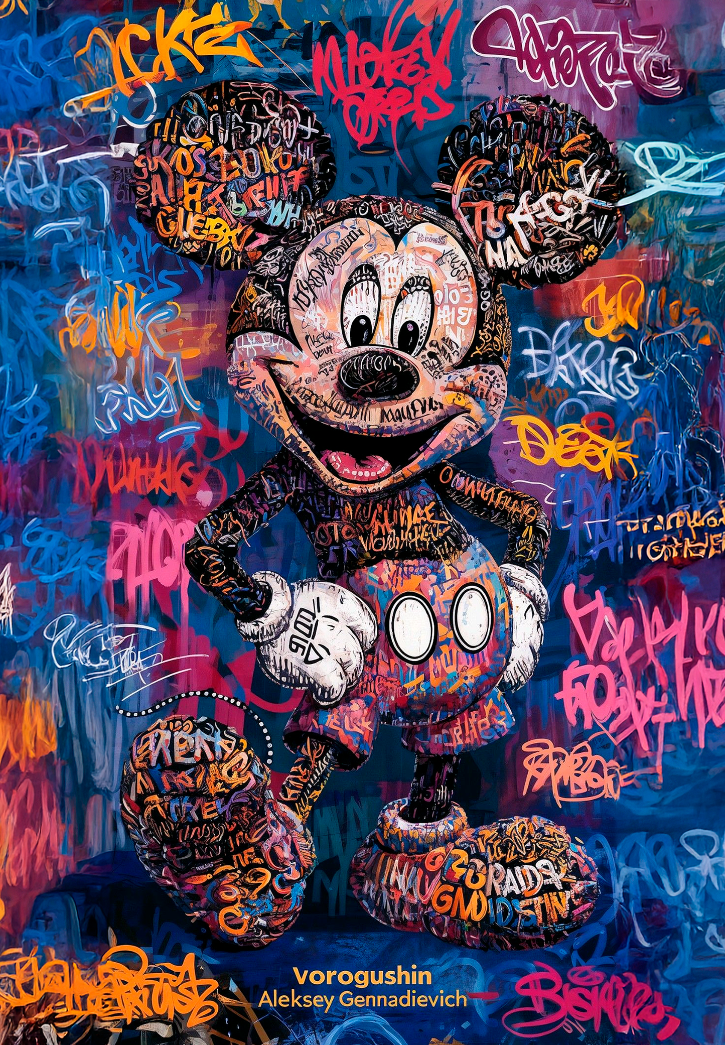 Ilustración de un personaje icónico en estilo graffiti, con vivos colores como azul, naranja y rosa. Ideal para dar vida a espacios contemporáneos.
