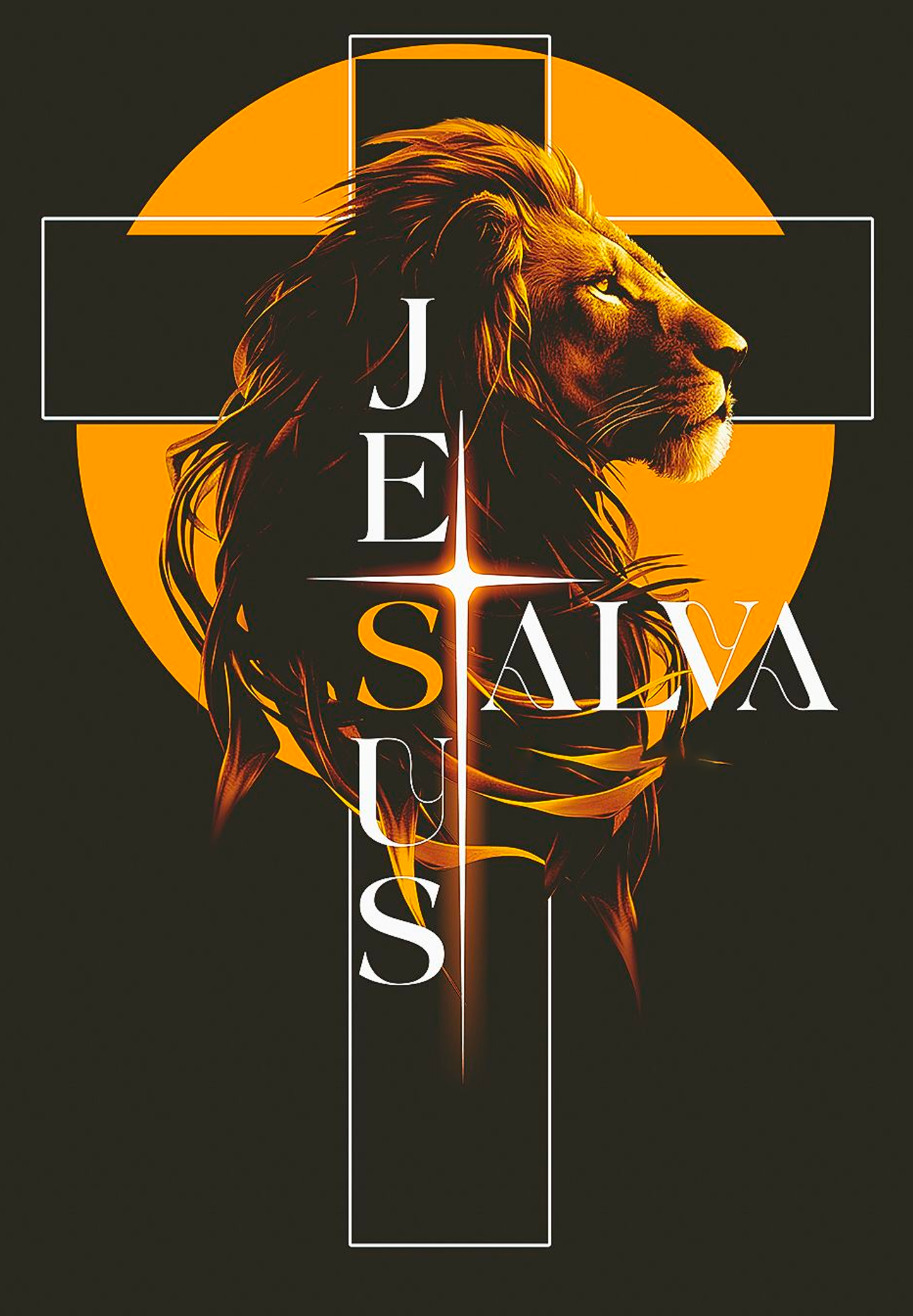 Imagen de un león en tonos naranjas sobre un fondo negro, con una cruz brillante detrás. Perfecta para decorar tu hogar, oficina o negocio.