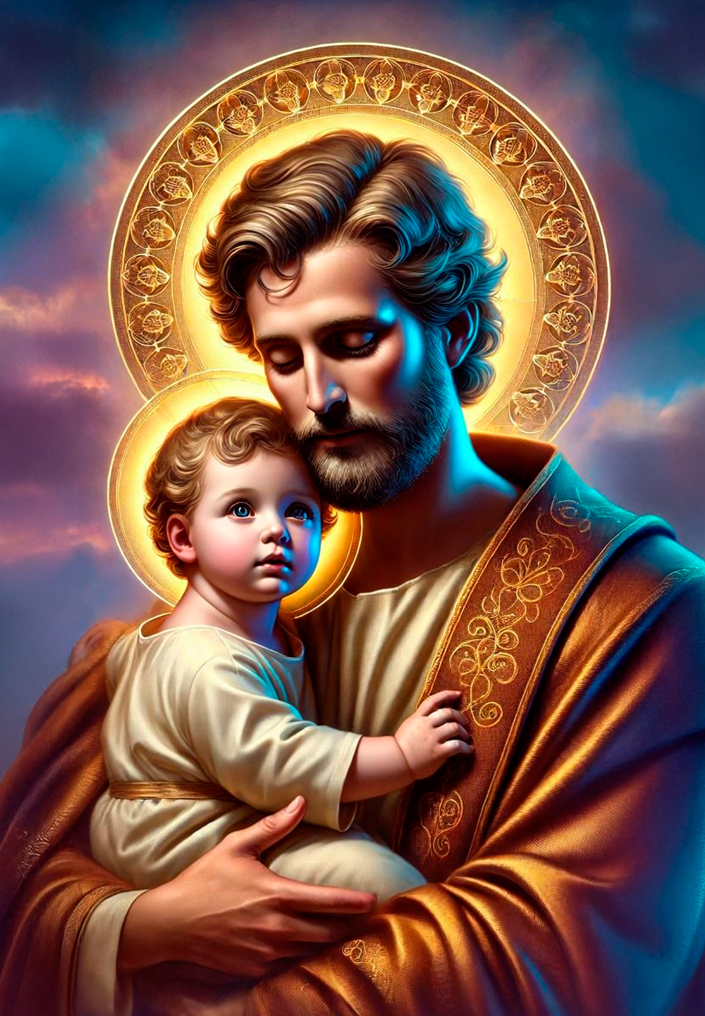 Ilustración de San José con una figura infantil, en estilo clásico. Tonos dorados y azules predominantes. Ideal para decorar tu hogar u oficina.