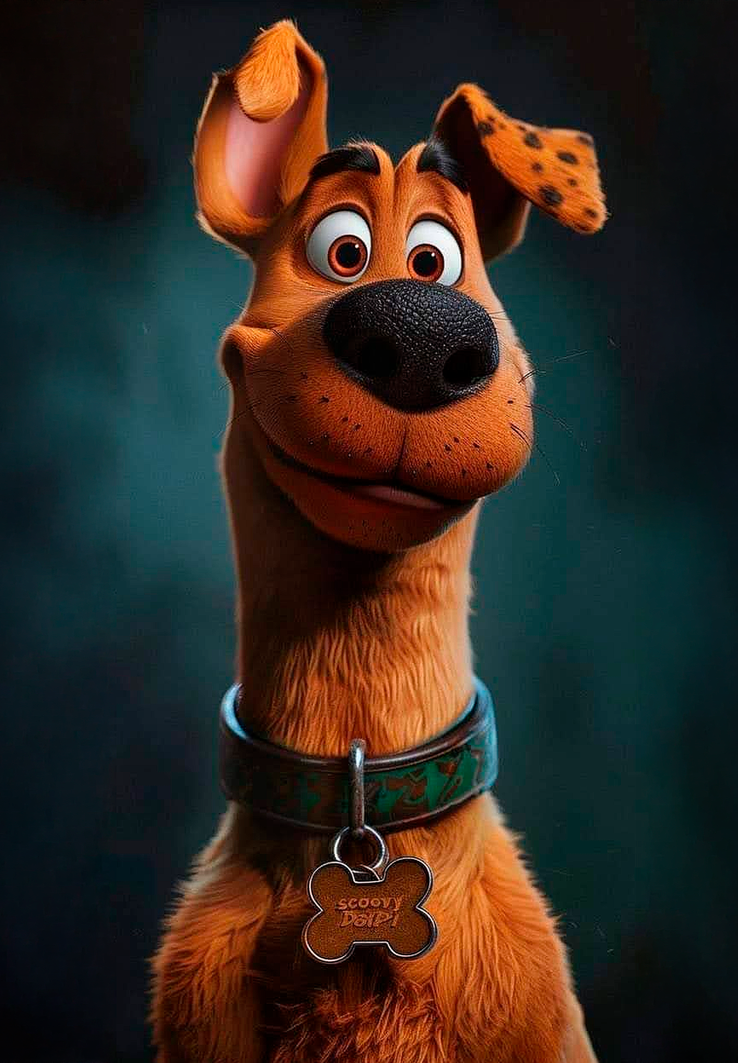 Ilustración de un perro de expresión amigable y estilo caricaturesco, en tonos naranjas y marrones. Ideal para decorar espacios con un toque alegre.