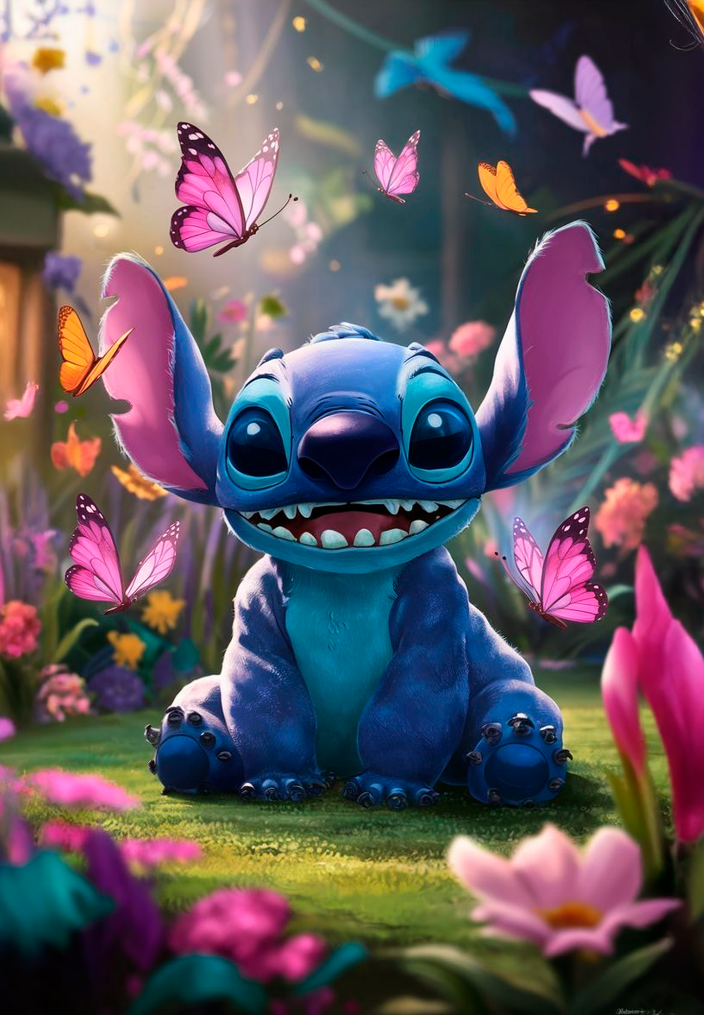 Un diseño animado muestra a Stitch sonriendo entre mariposas de colores. Ideal para dar vida a cualquier espacio decorativo.