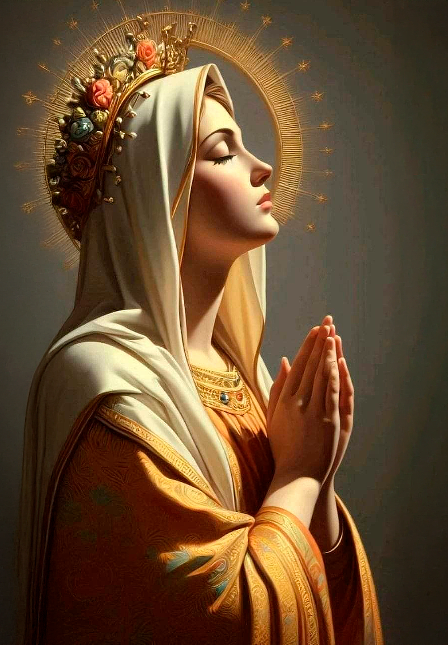 Obra de arte decorativa representando a la Virgen María, estilo clásico con detalles en tonos dorados y suaves. Perfecta para embellecer cualquier.
