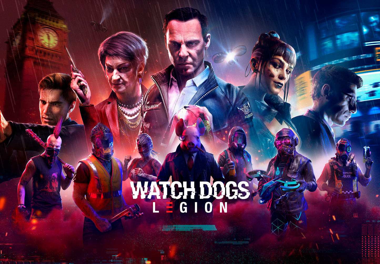 Arte digital dinámico de Watch Dogs Legion, con personajes en un estilo vibrante y futurista en tonos oscuros y neón. Perfecto para decorar espacios.