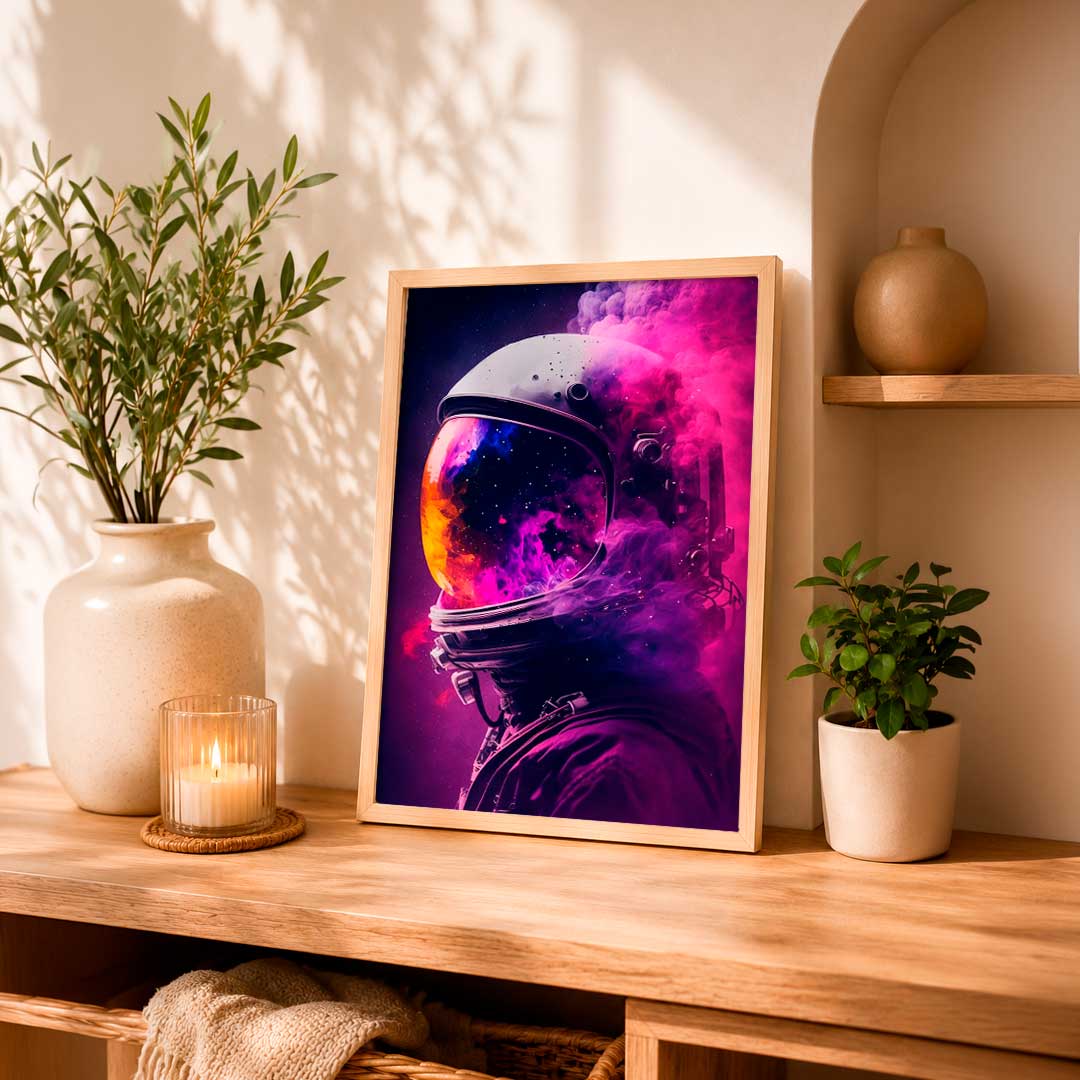 Ilustración de un astronauta con un casco rodeado de humo en tonos morados y rosas. Ideal para decorar tu hogar, oficina o espacio personal.