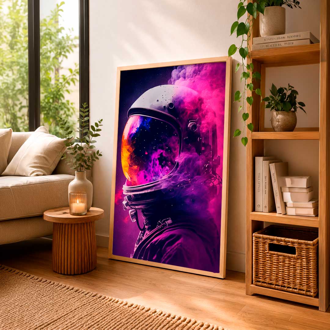 Ilustración de un astronauta en un casco rodeado de humo colorido en tonos morados y rosados. Ideal para añadir un toque moderno a tu hogar u oficina.