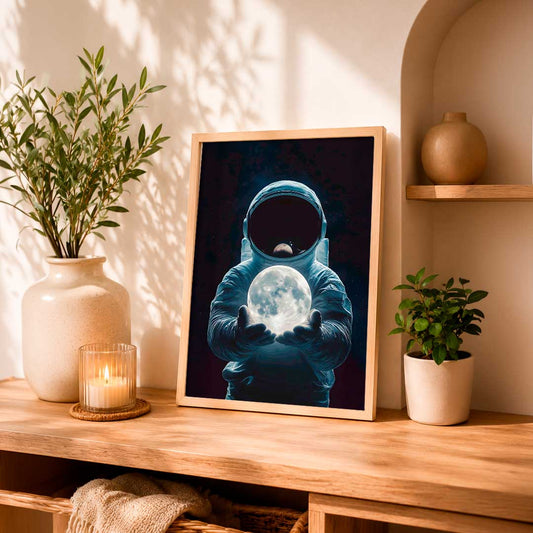 Una obra de un astronauta sosteniendo la luna, con tonos oscuros y contraste luminoso, ideal para realzar cualquier espacio con un toque moderno.