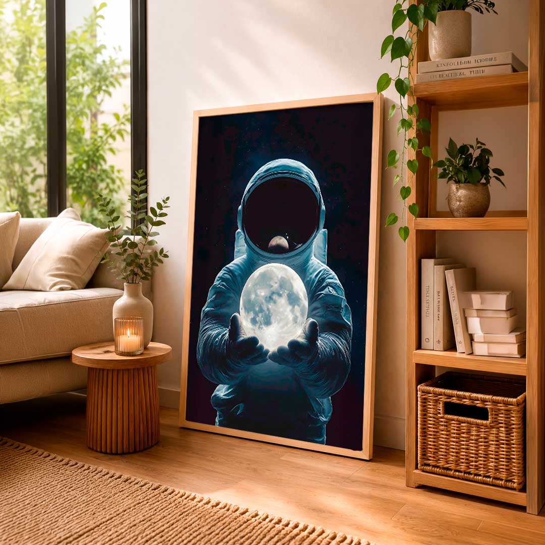Un astronauta sostiene una luna luminosa sobre un fondo oscuro, en tonos azules y negros. Ideal para decorar tu hogar o espacio de trabajo.