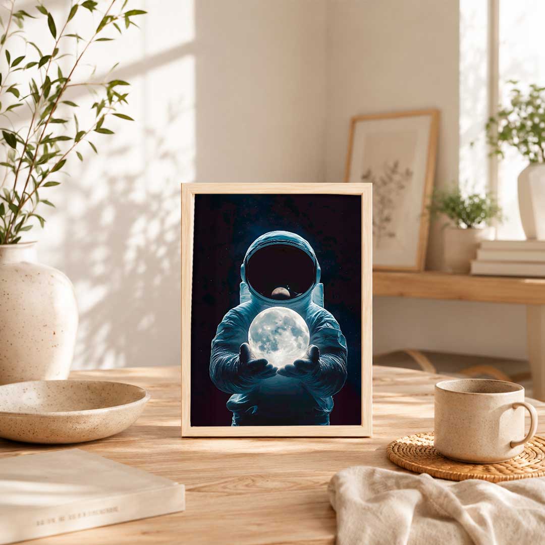 Ilustración de un astronauta sosteniendo la luna, con un estilo futurista y colores azulados. Ideal para destacar en hogares u oficinas.