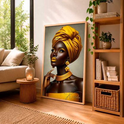 Retrato de una mujer africana con turbante amarillo, detalles en tono dorado y estilo elegante. Ideal para decorar hogares u oficinas.
